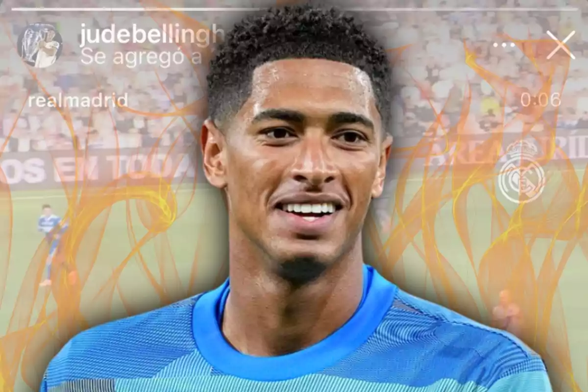 Un futbolista somrient amb fons d’estadi, efectes de foc i text relacionat amb el Reial Madrid