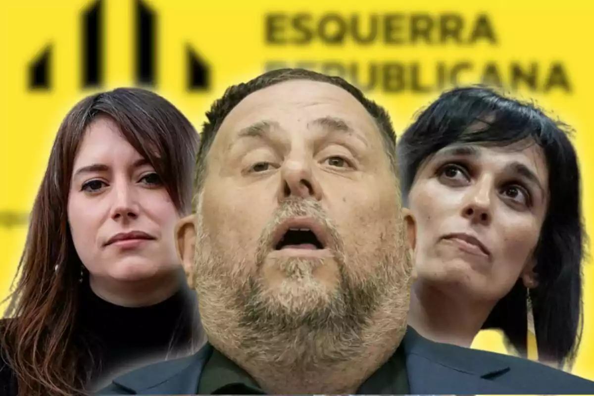 Tres personas en primer plano con expresión seria frente a un fondo amarillo con el texto Esquerra Republicana desenfocado.