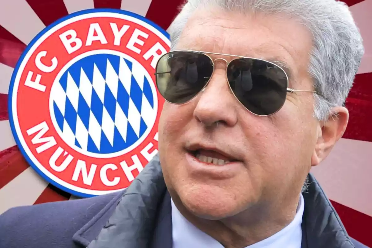 Home de cabells canosos i ulleres de sol davant de l’escut del FC Bayern München