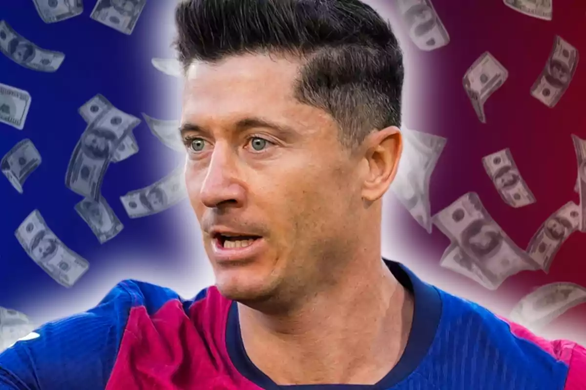 Futbolista con camiseta azul y roja en primer plano con billetes flotando en el fondo difuminado en tonos azul y rojo