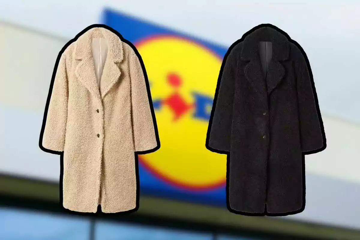 Two faux fur coats, one beige and one black, appear in front of a blurred background with the Lidl logo.