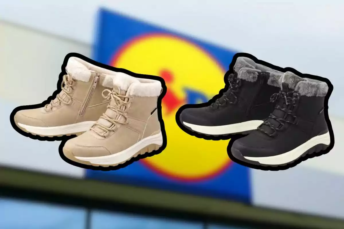 Two pairs of winter boots, one in beige and the other in black, with plush lining, against a blurred background of a supermarket sign.