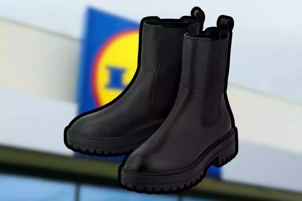 Black Chelsea boots on a blurred background with a store logo. Black Chelsea boots on a blurred background with a store logo.