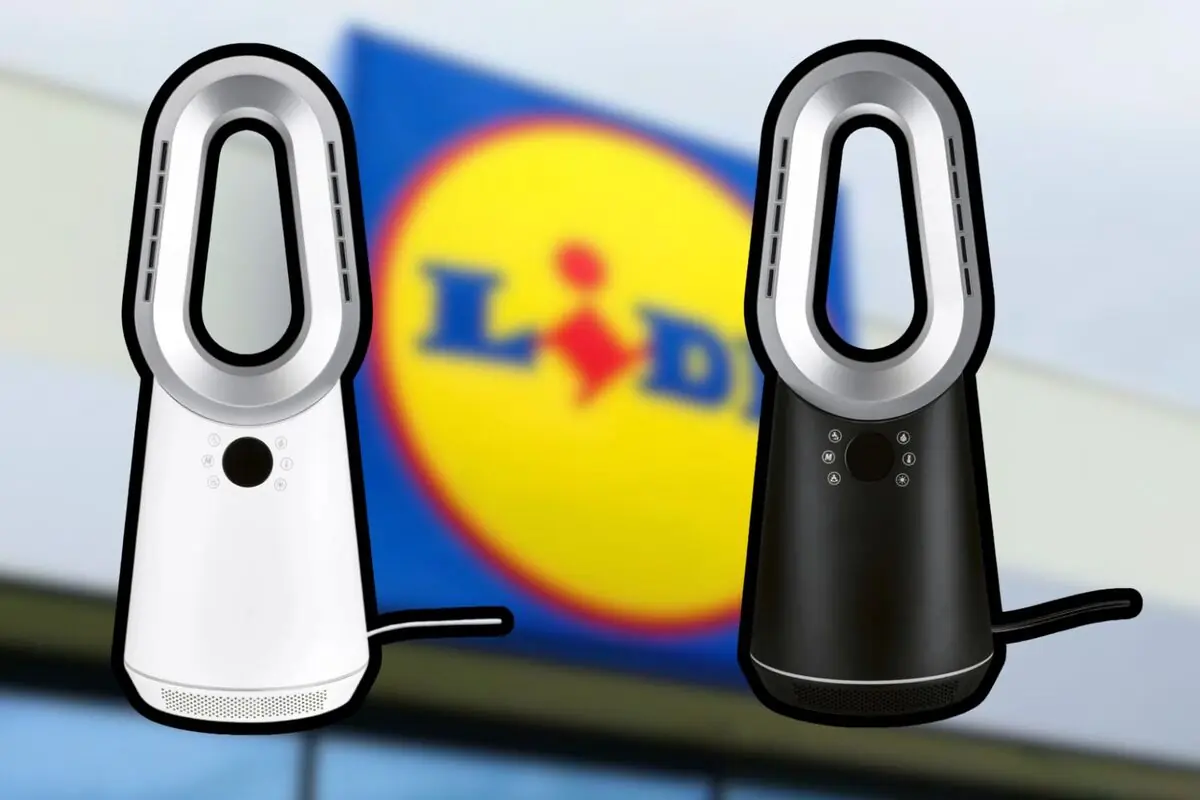 Dos ventiladors sense aspes, un de blanc i un de negre, davant d’un cartell borros de la botiga Lidl Dos ventiladors sense aspes, un de blanc i un de negre, davant d’un cartell borros de la botiga Lidl