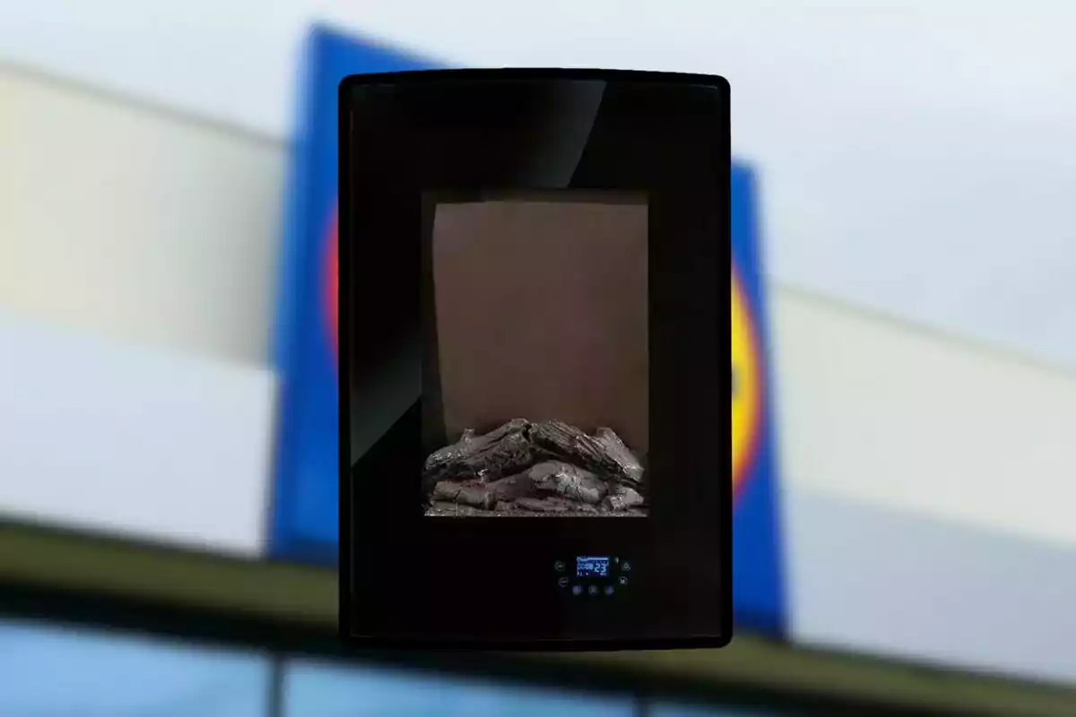 Chimenea eléctrica negra con control digital al frente de un edificio desenfocado Chimenea eléctrica negra con control digital al frente de un edificio desenfocado