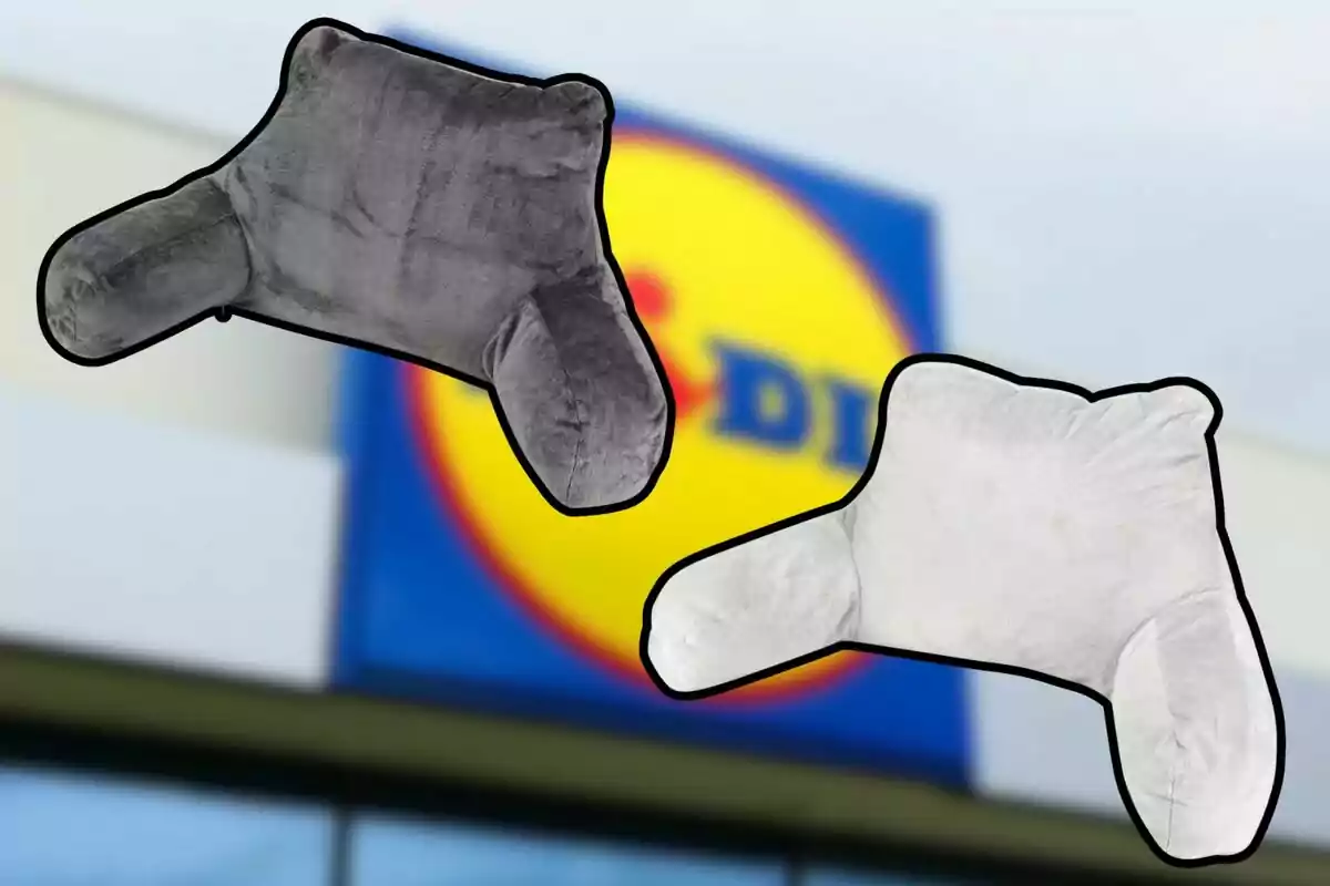 Dos coixins de lectura de color gris i blanc davant d’un rètol borros d’una botiga.