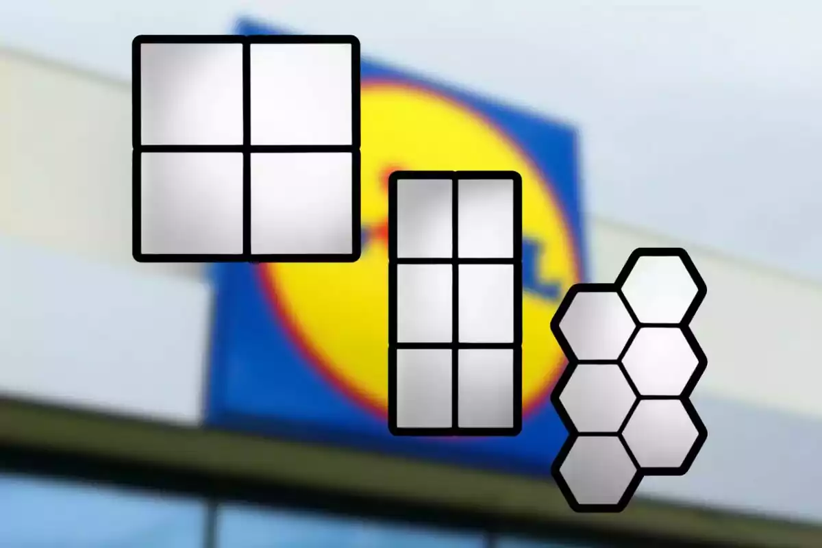 Three decorative mirrors of different geometric shapes float in front of a blurry store sign. Three decorative mirrors of different geometric shapes float in front of a blurry store sign.