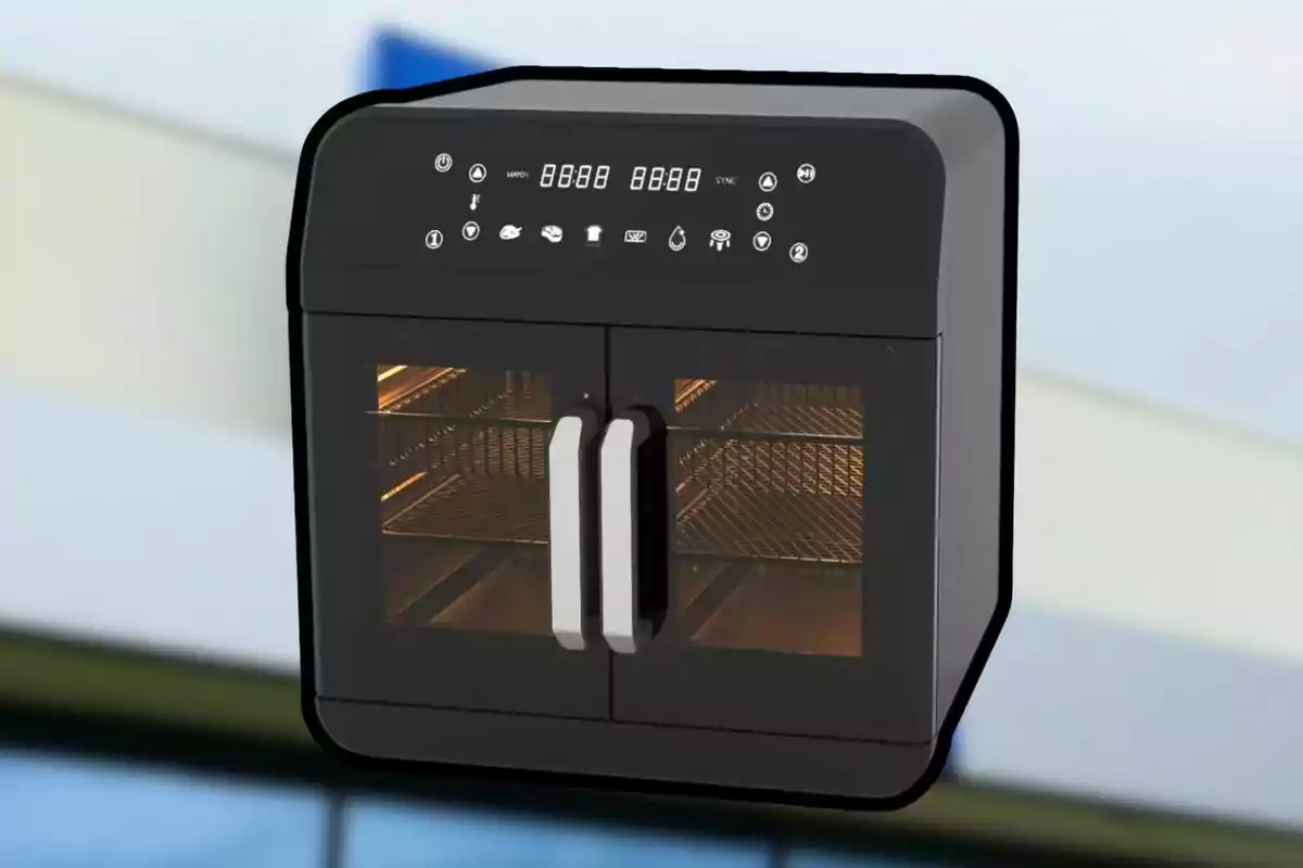 Fregidora d’aire negra amb portes de vidre i panell digital encès