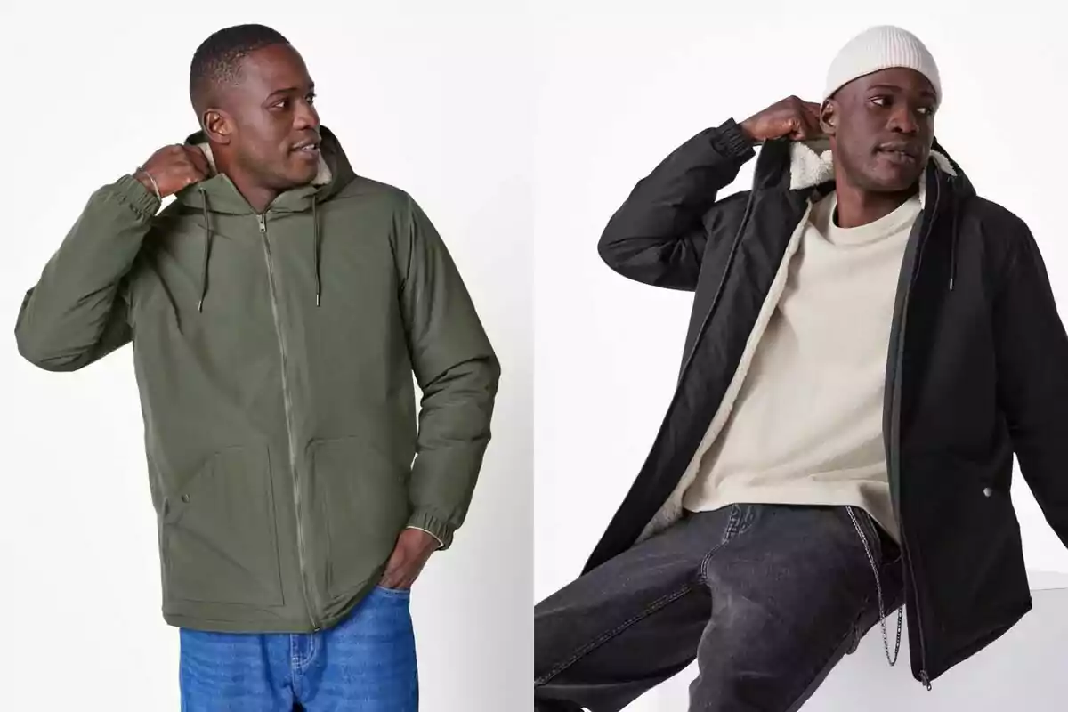 Two men pose in winter jackets, one wearing an olive green jacket and the other a black jacket with a white hood, both showing the inner lining of their garments. Two men pose in winter jackets, one wearing an olive green jacket and the other a black jacket with a white hood, both showing the inner lining of their garments.