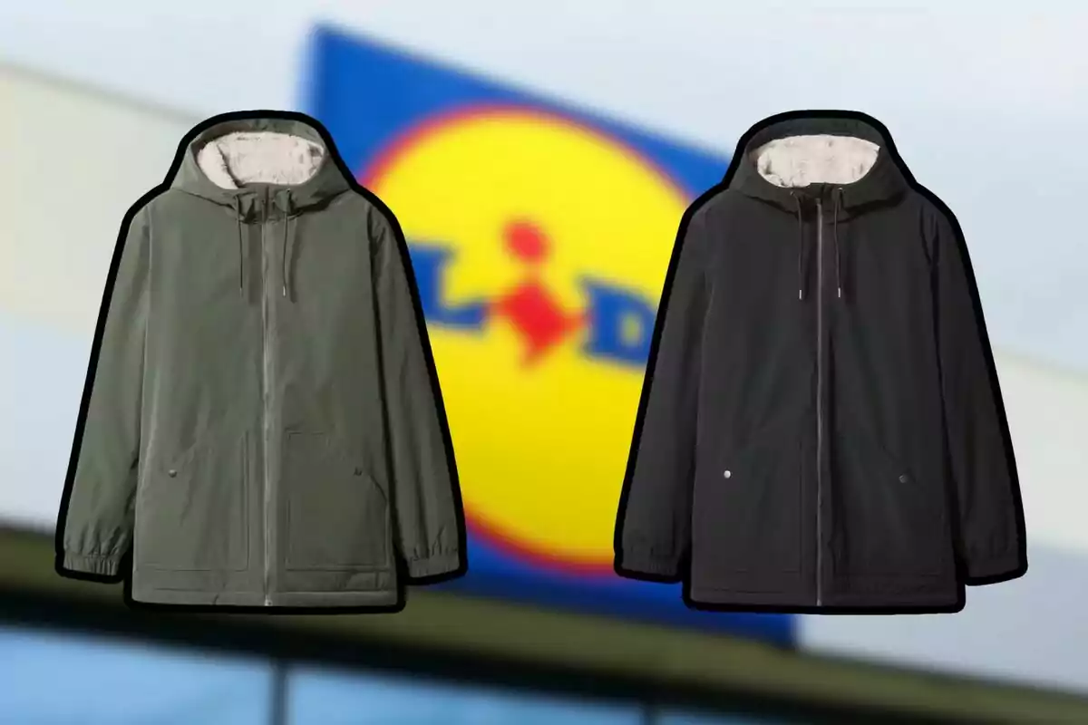 Two hooded jackets in green and black appear in front of a blurry Lidl store sign. Two hooded jackets in green and black appear in front of a blurry Lidl store sign.