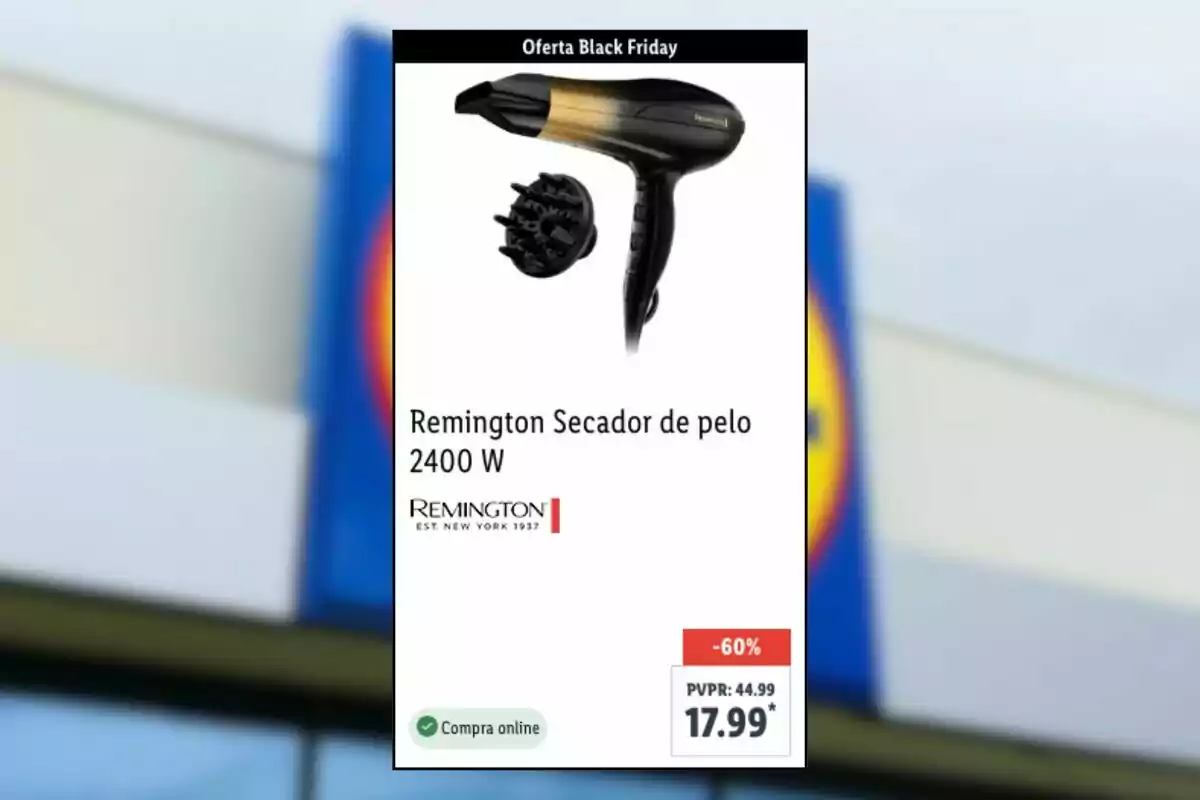 Oferta de Black Friday d’un assecador de cabell Remington de 2400 W amb un accessori difusor, preu rebaixat a 17,99 euros des de 44,99 euros, disponible per a compra en línia