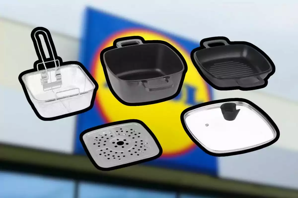 Kitchen utensils such as a frying basket, a pot, a grill pan, a glass lid, and a steamer tray on a blurred background with a store logo.