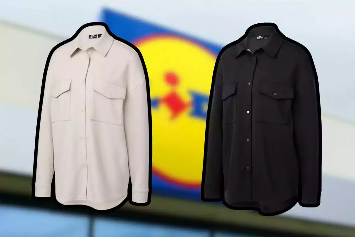 Two overjersey-style jackets in beige and black with a blurred background of a supermarket sign