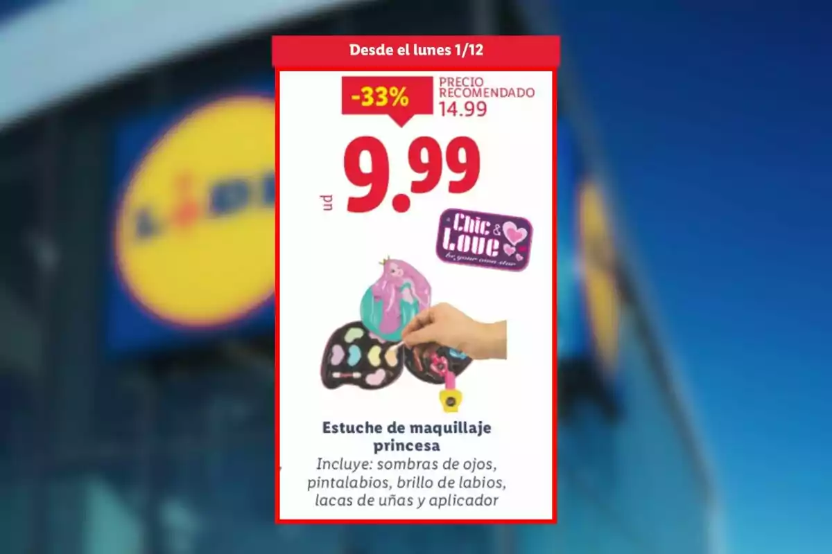 Oferta d’un estoig de maquillatge per a nenes amb disseny de princesa a 9,99 euros a Lidl disponible des de dilluns 1 de desembre amb un descompte del 33 per cent sobre el preu recomanat.