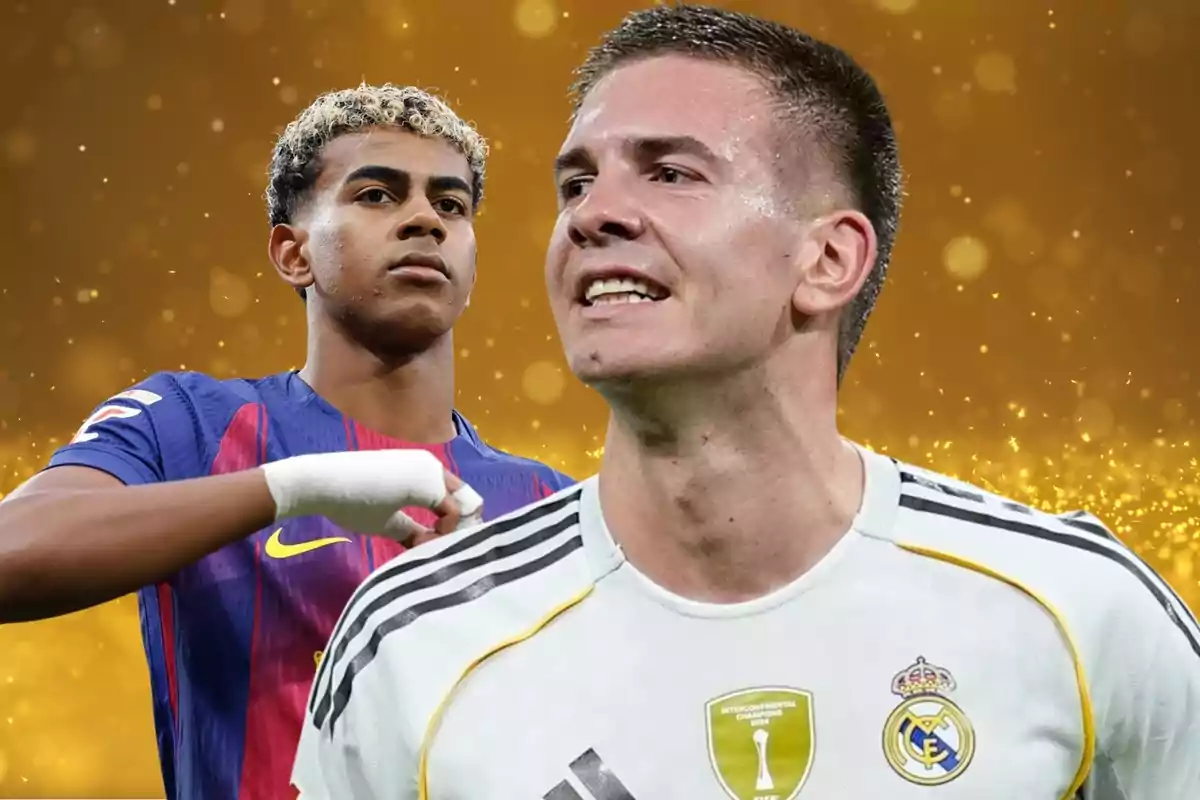 Dos futbolistes amb uniformes del Barcelona i del Reial Madrid posen sobre un fons daurat amb centelleigs brillants.