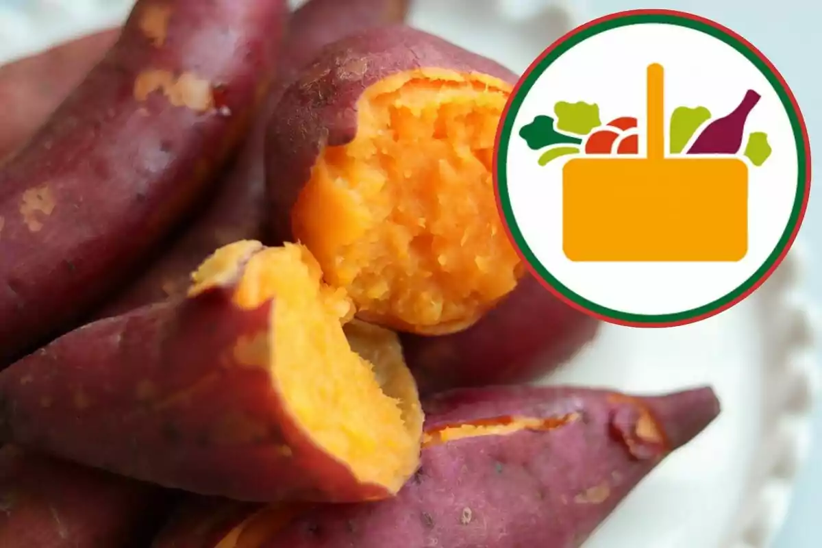 Moniato partit mostrant el seu interior ataronjat al costat d’una icona de cistella d’aliments