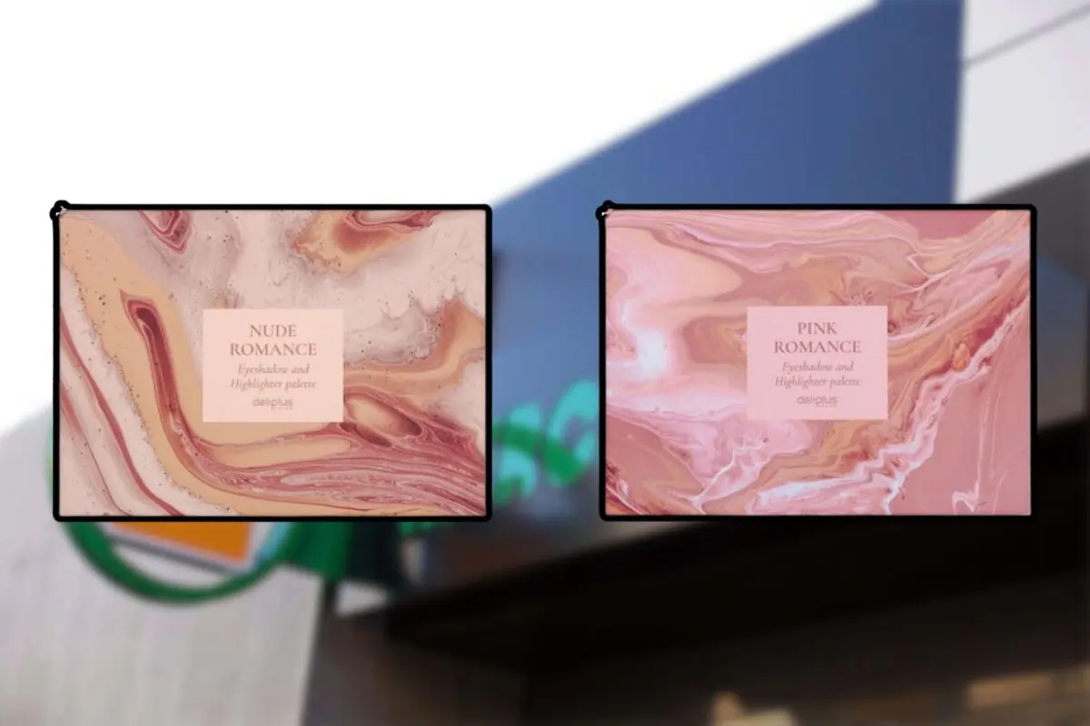 Dues paletes de maquillatge amb disseny marbrejat en tons nude i rosa, una anomenada Nude Romance i l’altra Pink Romance, ambdues de la marca Deliplus.