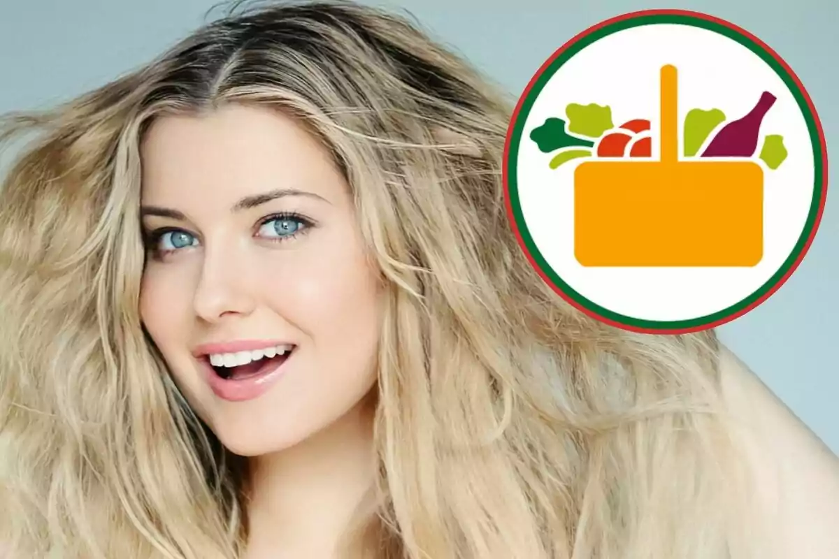 Dona rossa d’ulls blaus somrient amb una icona de cistella d’aliments a la cantonada superior dreta