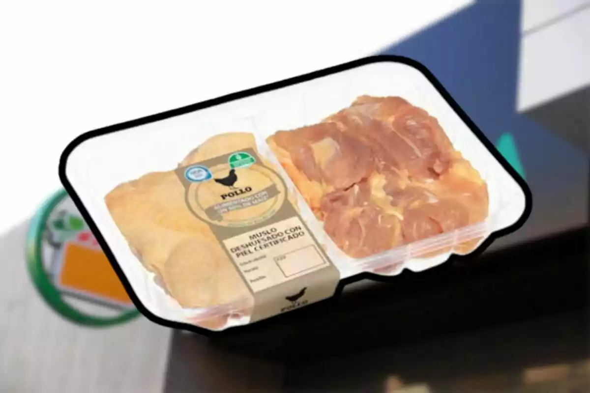 Safata de cuixa de pollastre desossada amb pell envasada i etiquetada sobre un fons difuminat