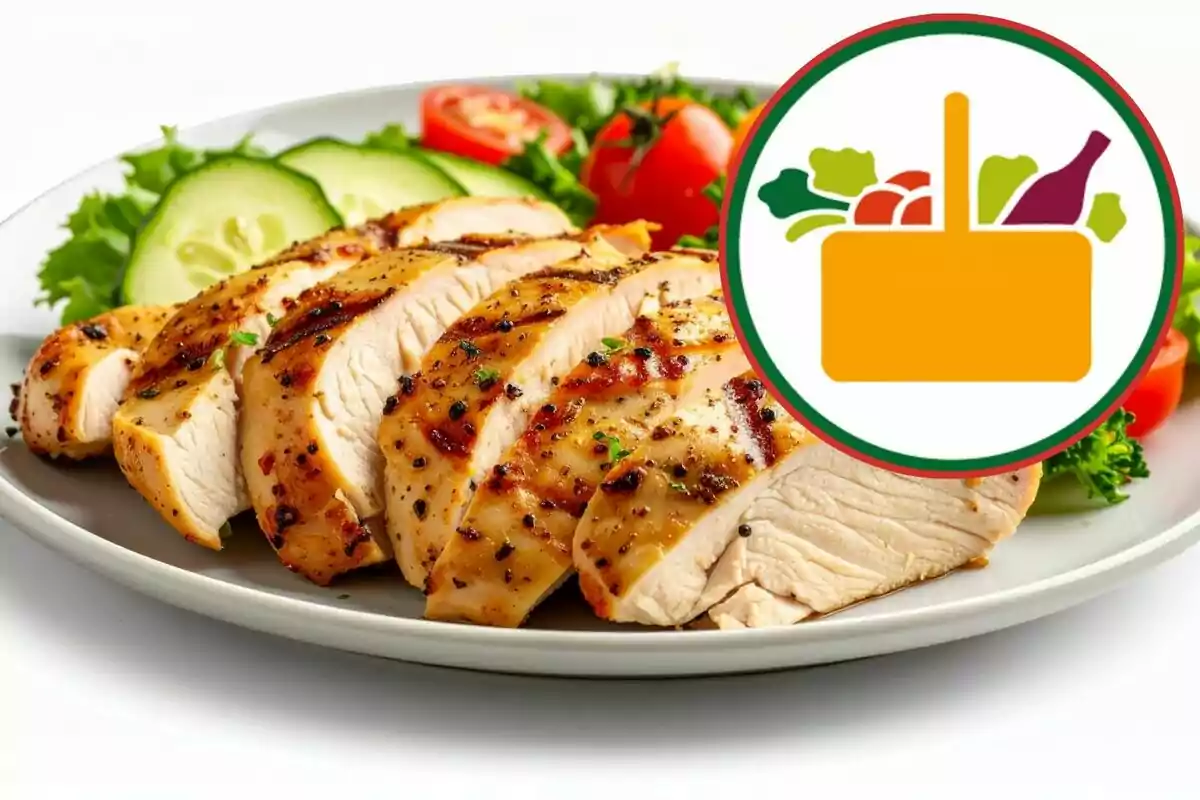 Pit de pollastre a la graella tallat a rodanxes servit amb amanida de cogombre i tomàquet amb una icona de cistella d’aliments superposada