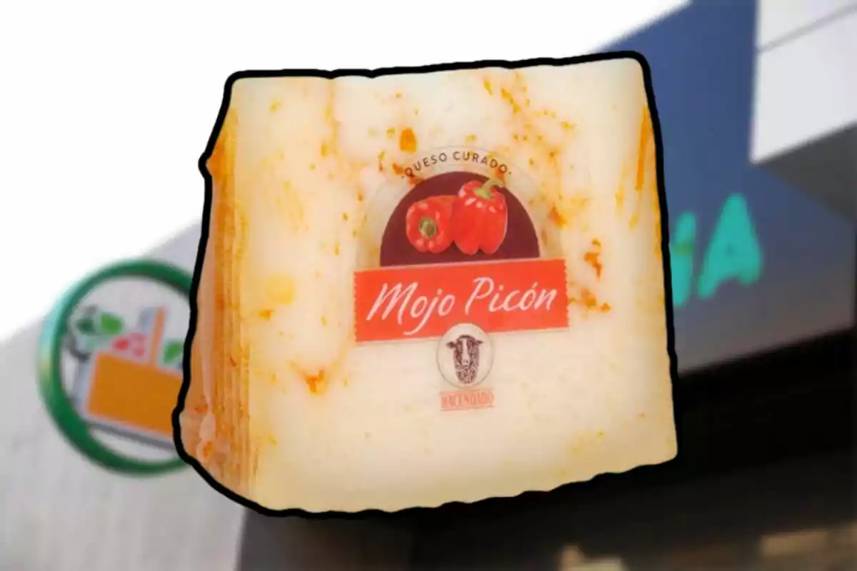 Cured cheese with mojo picón from the Hacendado brand in front of a supermarket