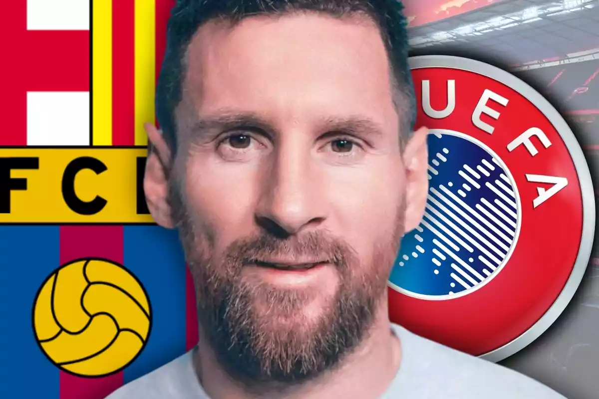 Un home amb barba apareix en primer pla amb l’escut del FC Barcelona i el logotip de la UEFA de fons.