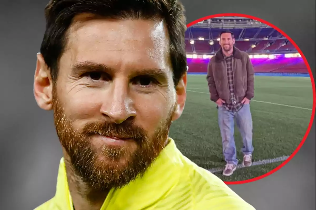 Primer pla d’un home amb barba i cabell curt, al fons apareix la mateixa persona dreta en un estadi de futbol.