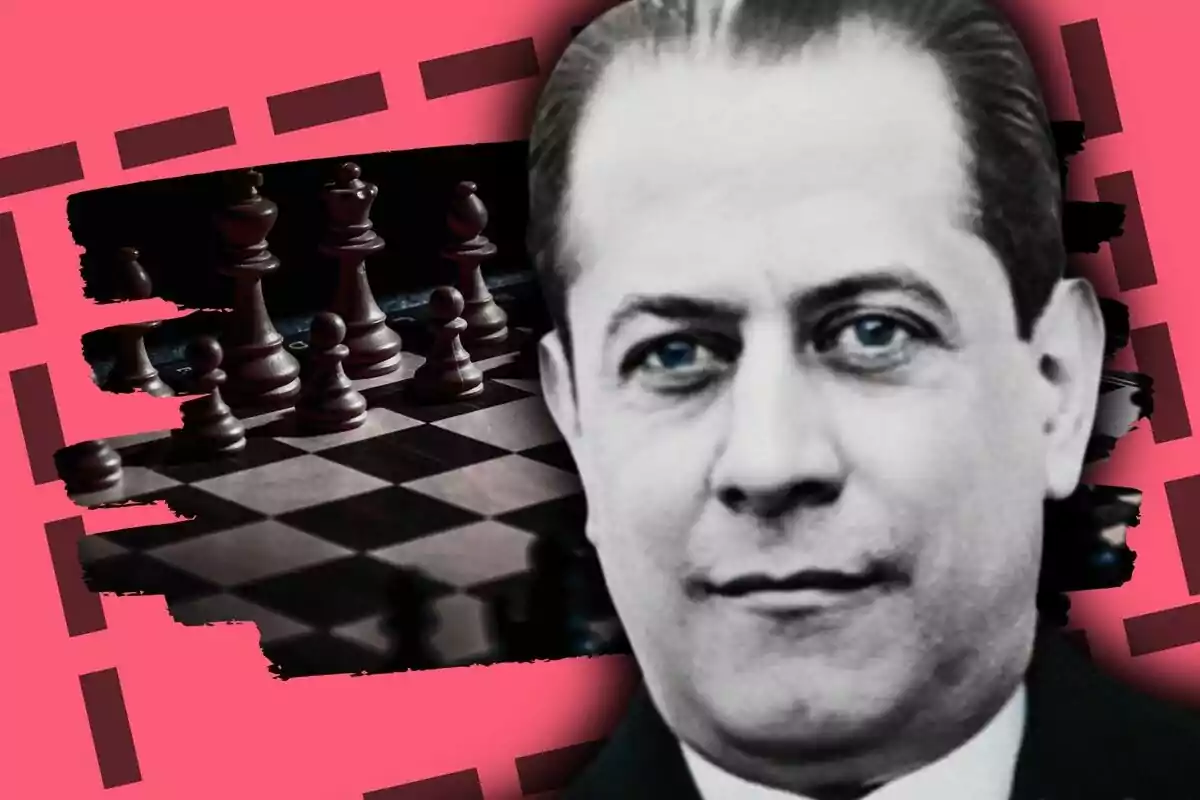 Retrato en blanco y negro de José Raúl Capablanca sobre un fondo con tablero de ajedrez y piezas, con detalles gráficos en color rosa.