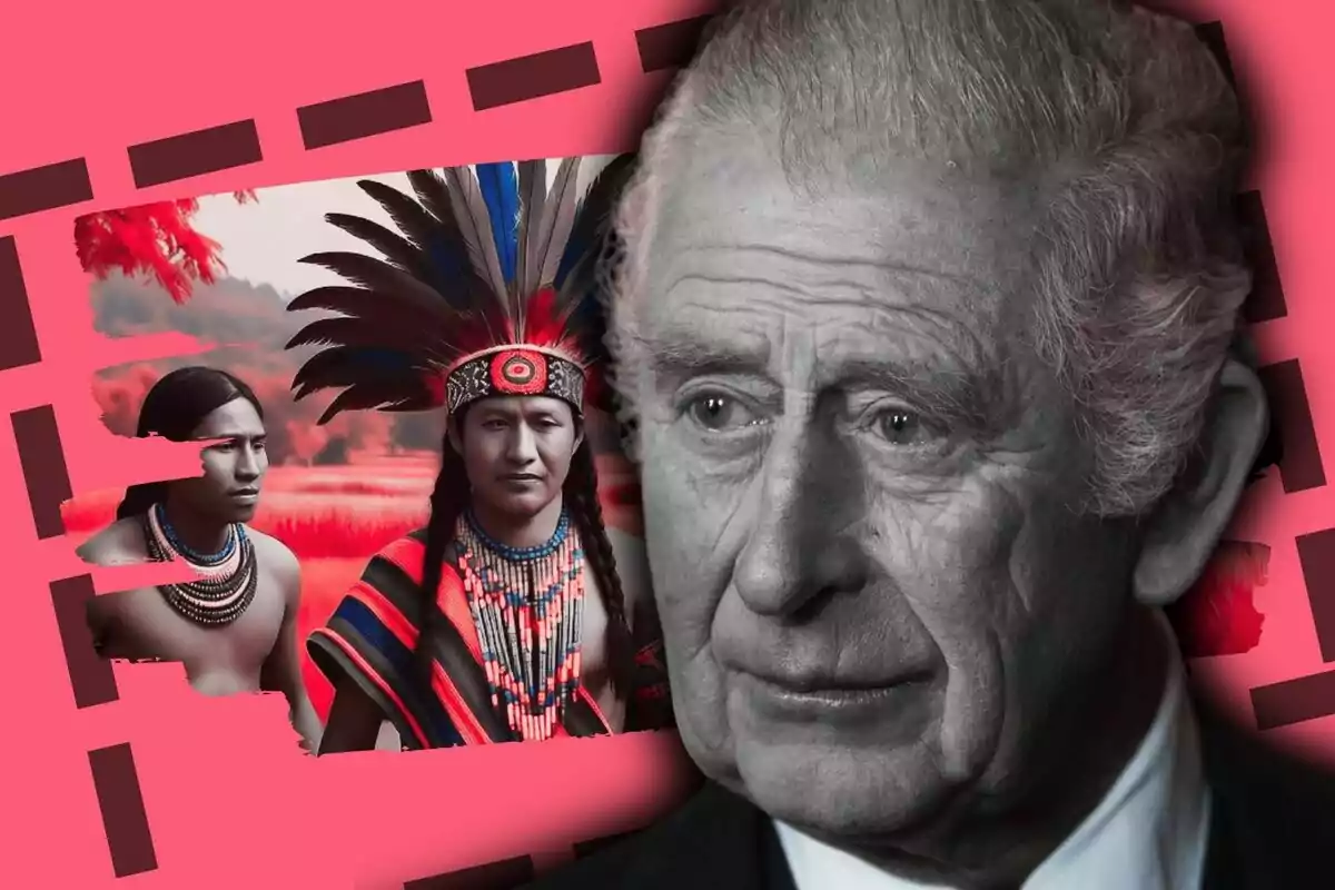 Carles III en primer pla en blanc i negre amb expressió seriosa i al fons dues persones amb vestimenta i tocats tradicionals indígenes sobre un fons rosa amb detalls geomètrics foscos.