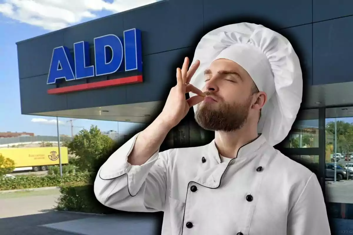Un xef amb expressió de satisfacció davant d’una botiga d’ALDI.