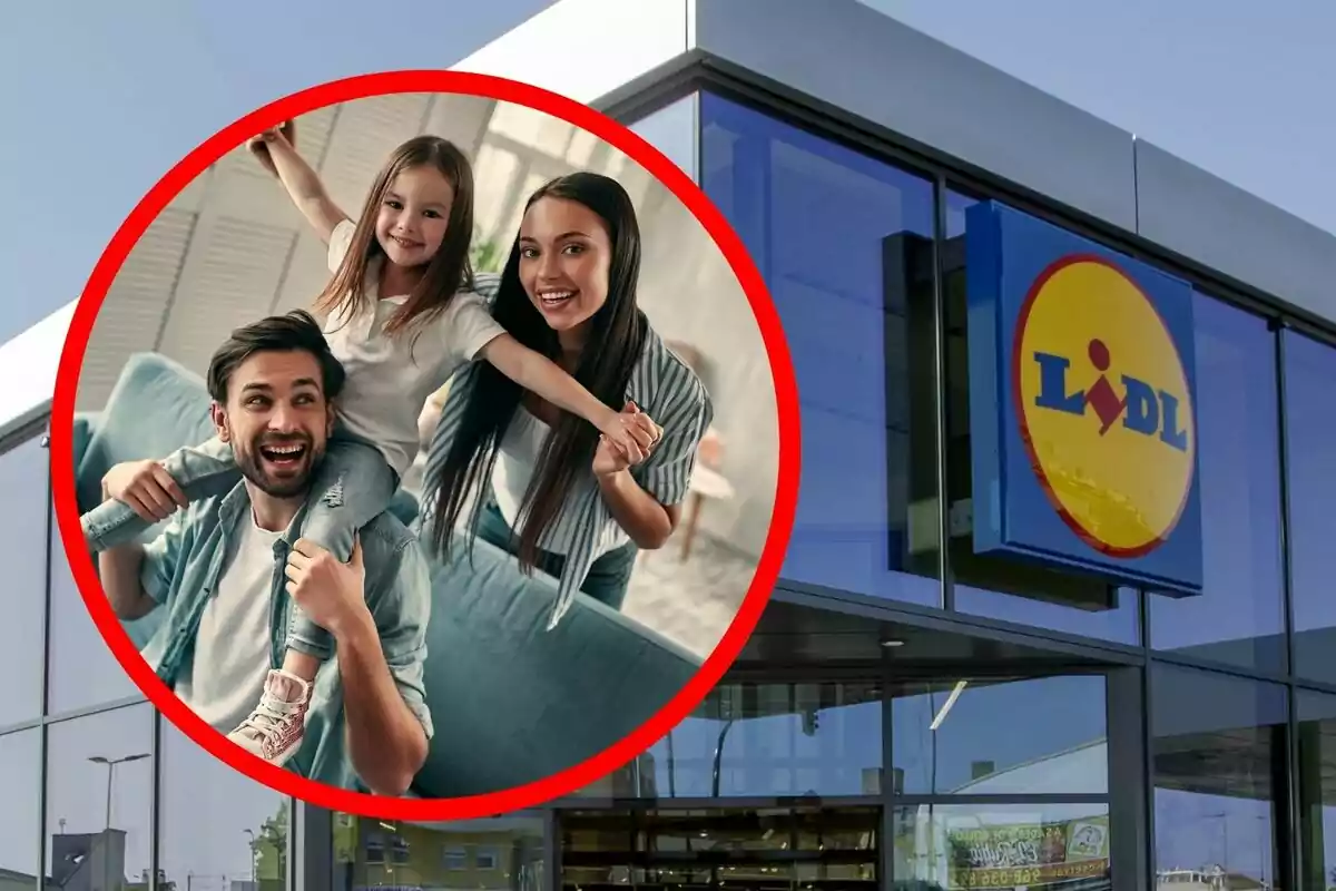 Una familia sonriente aparece dentro de un círculo rojo sobre la imagen de la fachada de una tienda Lidl.