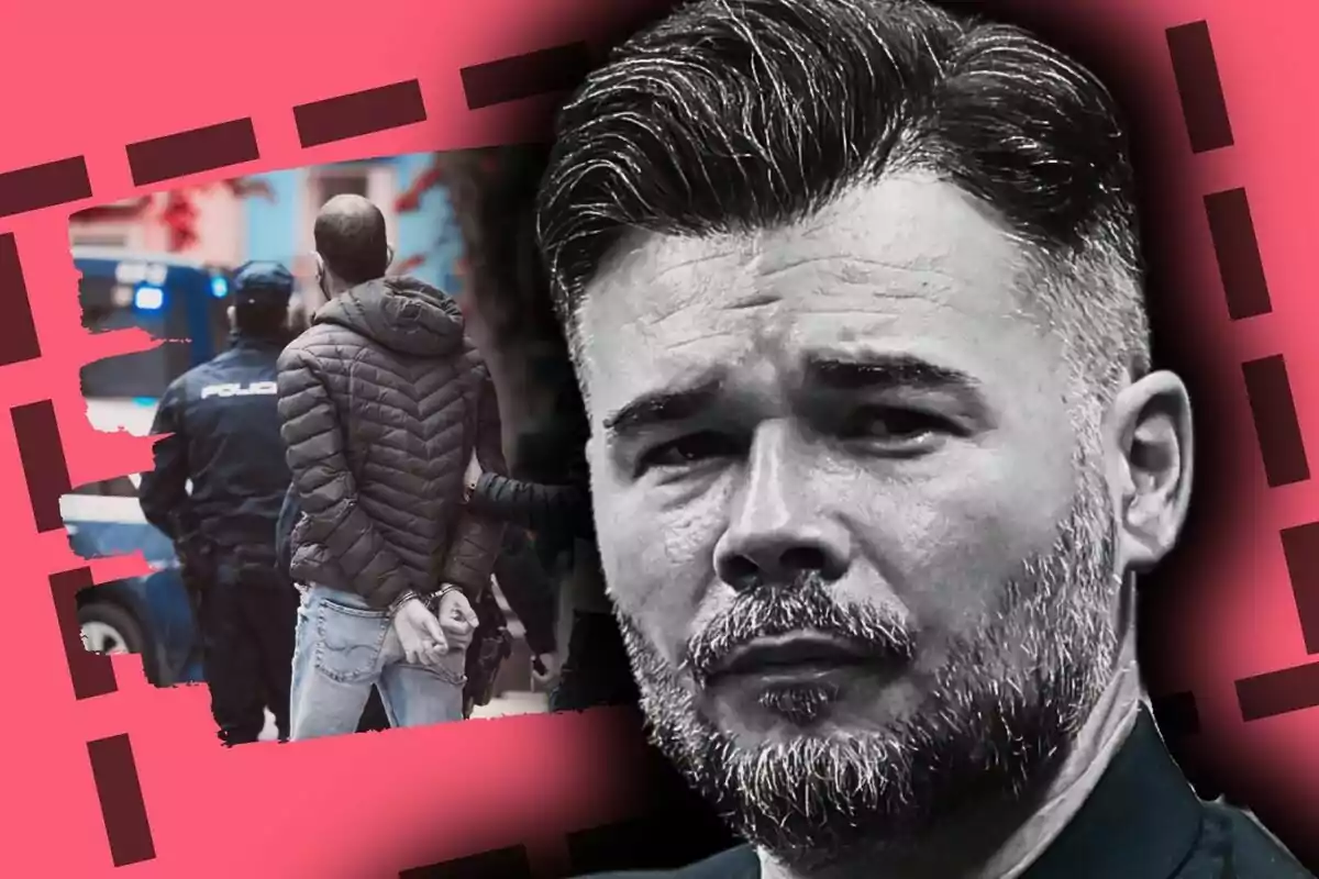 Gabriel Rufián con expresión seria en primer plano y al fondo una escena de arresto policial sobre un fondo rosa con detalles gráficos oscuros.