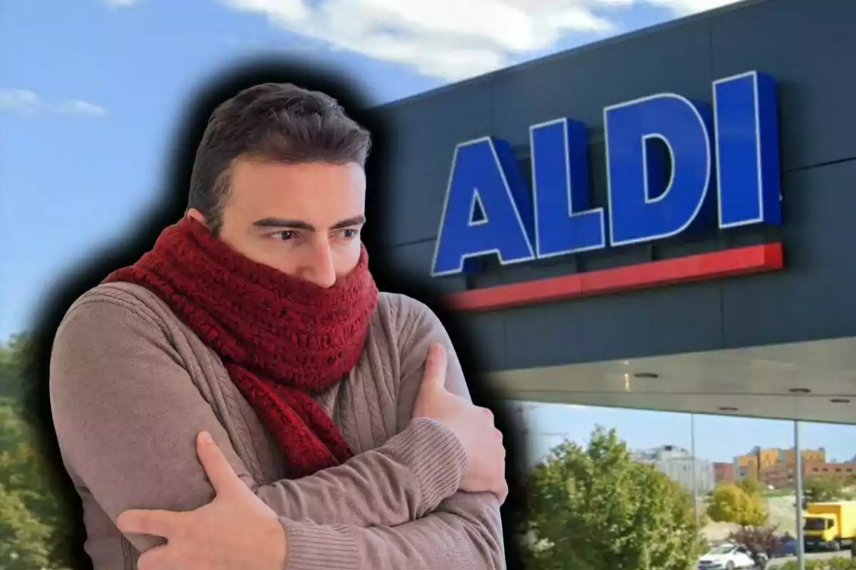 Home abrigat amb una bufanda vermella tremolant de fred davant d’una botiga ALDI.