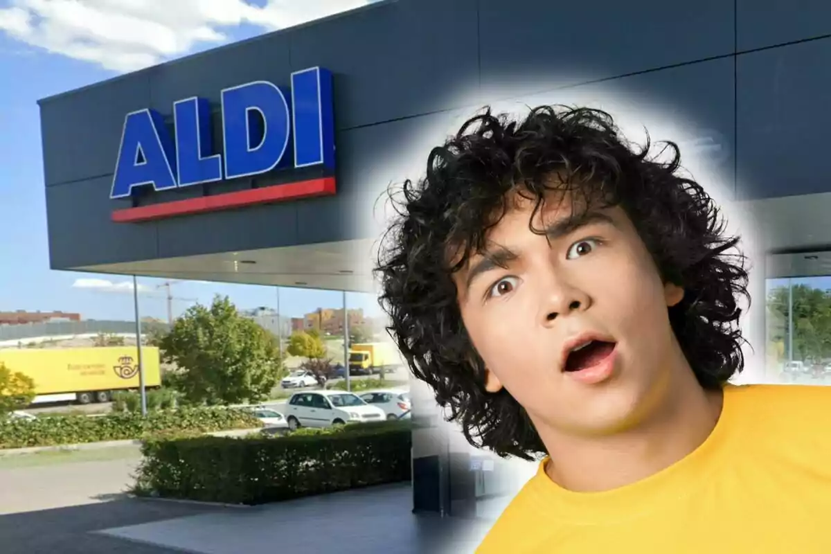 Joven con expresión de sorpresa frente a una tienda ALDI.
