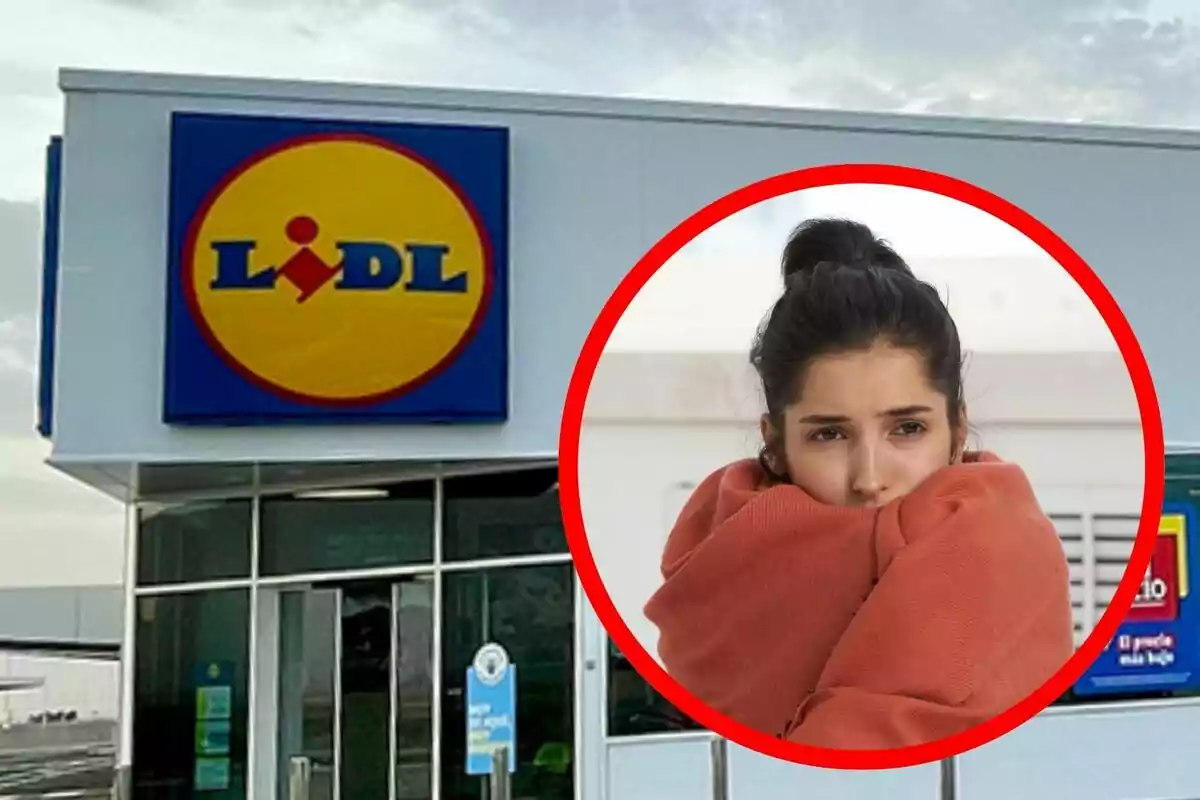 Facade of a Lidl store with the logo visible and a woman wrapped in a blanket inside a superimposed red circle.