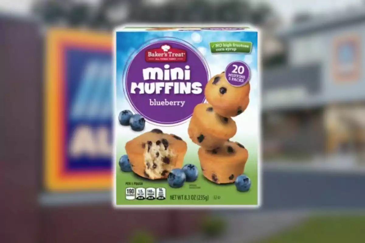 Box of Baker's Treat brand blueberry mini muffins with illustrations of muffins and blueberries against a blurred background of an Aldi store.