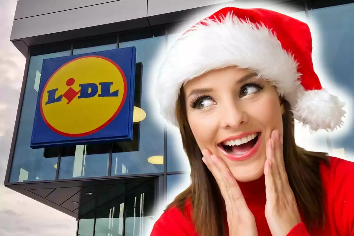Smiling woman wearing a Christmas hat in front of a Lidl store.