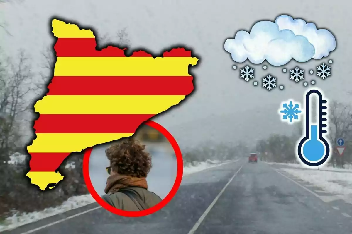Mapa de Catalunya amb franges vermelles i grogues, una persona d’esquena amb bufanda, símbols de neu i termòmetre sobre una carretera nevada.