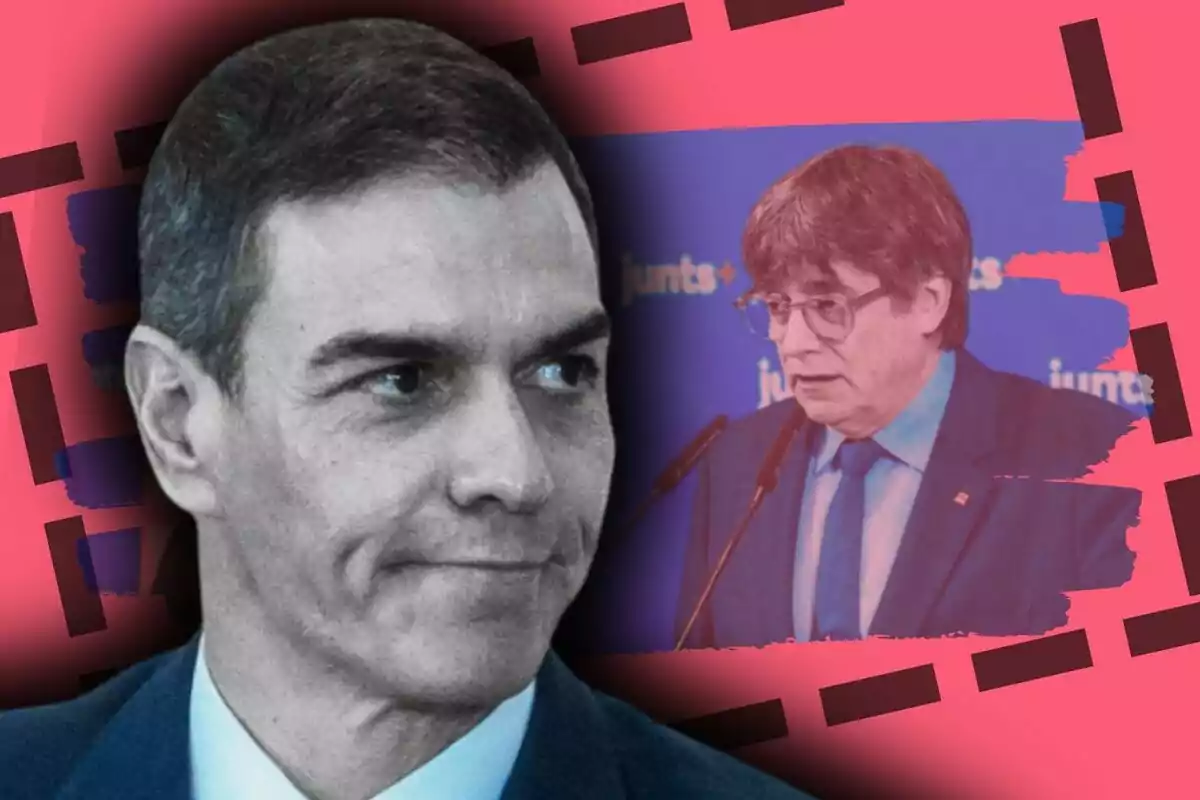 Montaje de fotos de Pedro Sánchez en primer plano y otro hombre hablando en un podio, que es Carles Puigdemont, al fondo sobre un fondo rosa con detalles en negro.