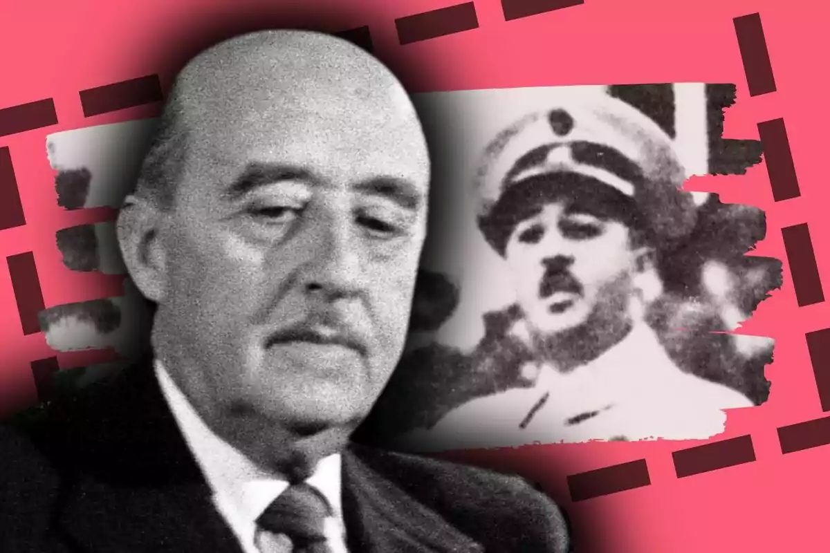 Francisco Franco con traje y corbata en primer plano y una imagen antigua de él vestido de militar al fondo sobre un fondo rosa con líneas oscuras.