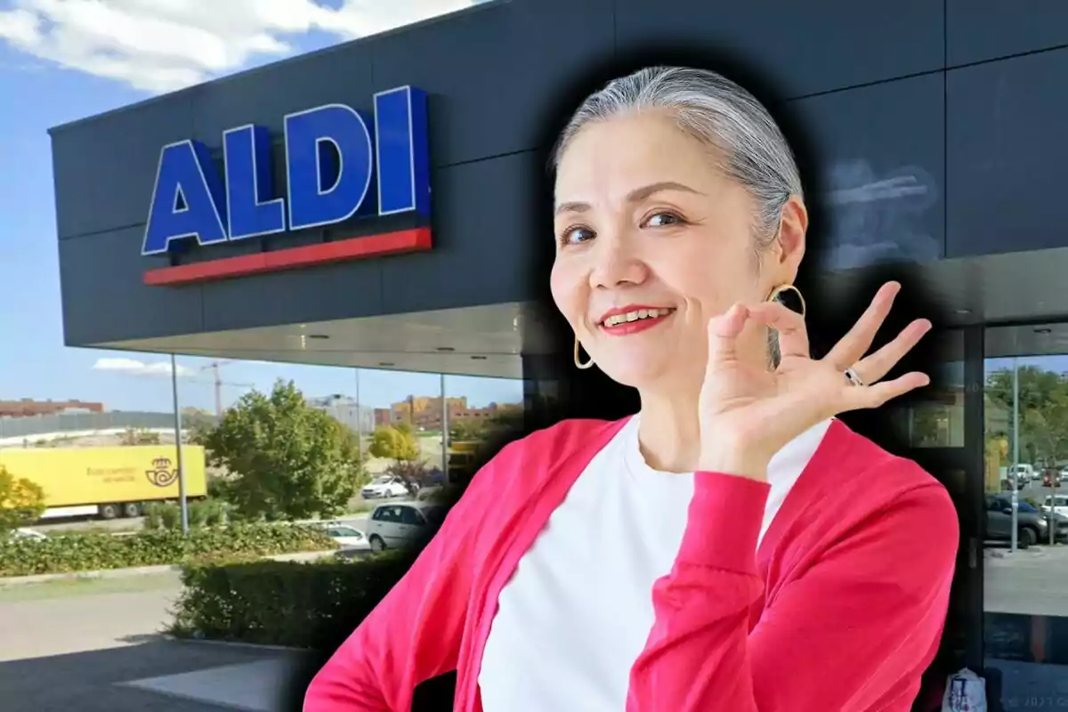 Mujer sonriente haciendo un gesto de ok con la mano frente a una tienda Aldi.