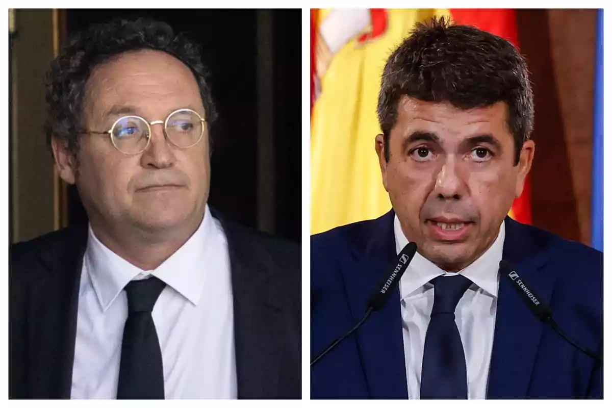 Dos homes amb vestit i corbata, un amb ulleres i cabells arrissats a l’esquerra, l’altre parlant davant de micròfons amb banderes de fons a la dreta; són Álvaro García Ortiz i Carlos Mazón.