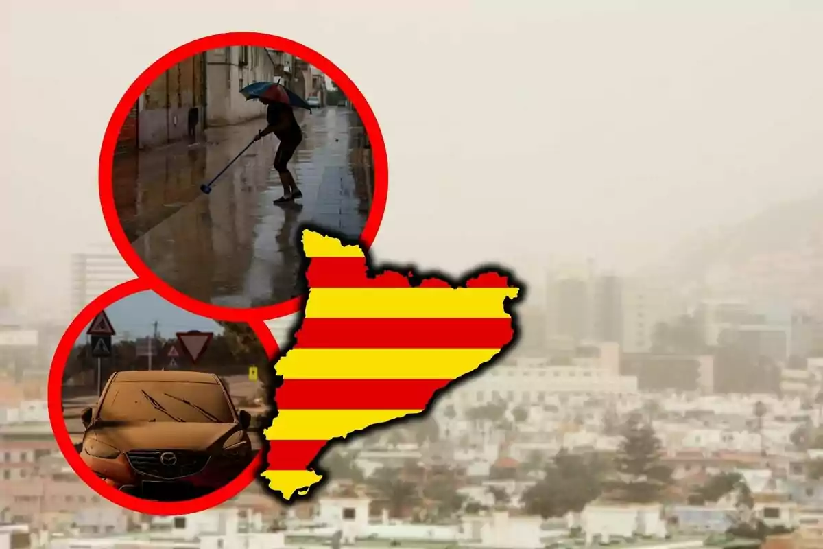 Mapa de Catalunya amb franges vermelles i grogues sobre una ciutat amb cel ennuvolat, al costat de dos cercles que mostren una persona escombrant sota la pluja i un cotxe cobert de pols.