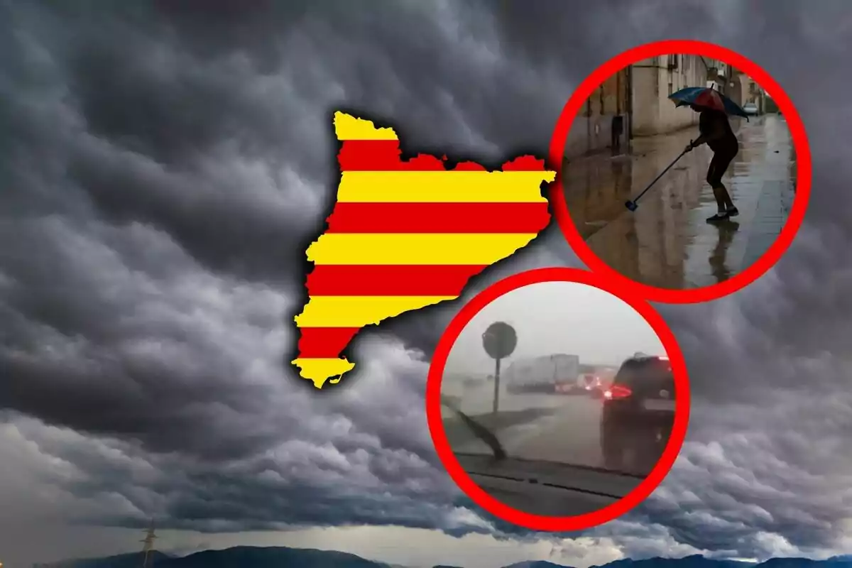 Cel ennuvolat i tempestuós amb la silueta de Catalunya al centre i dos cercles que mostren escenes de pluja intensa i els seus efectes en la vida quotidiana.