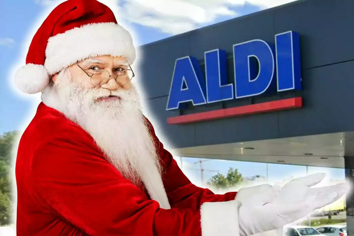 Santa Claus sonriente con traje rojo y barba blanca está frente a una tienda ALDI señalando hacia el letrero del supermercado.