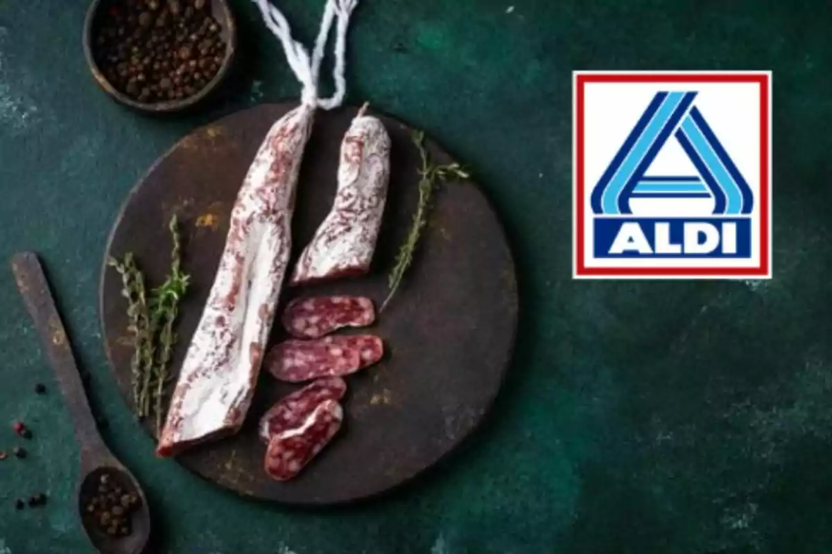 Embutido en rodajas sobre un plato oscuro con hierbas y granos de pimienta junto al logo de ALDI.