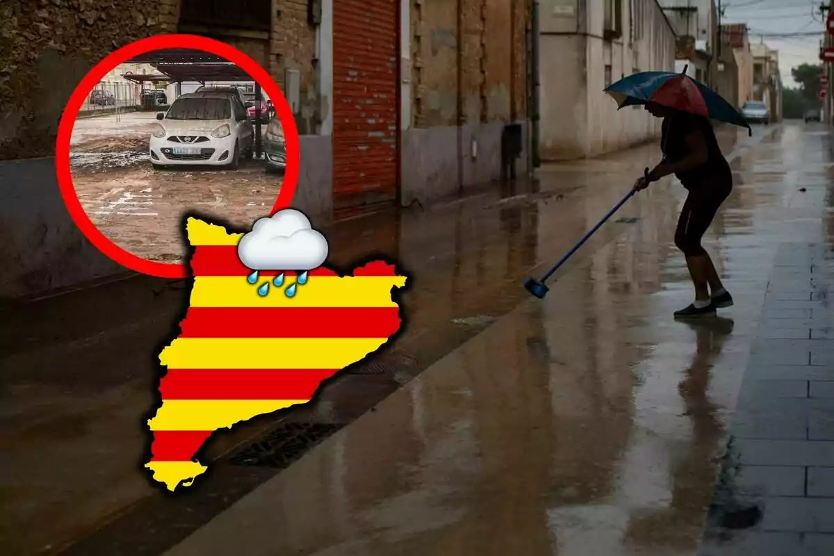 Persona amb paraigua netejant un carrer mullat mentre s’observa un cotxe cobert de fang en un requadre i un gràfic del mapa de Catalunya amb una icona de pluja.