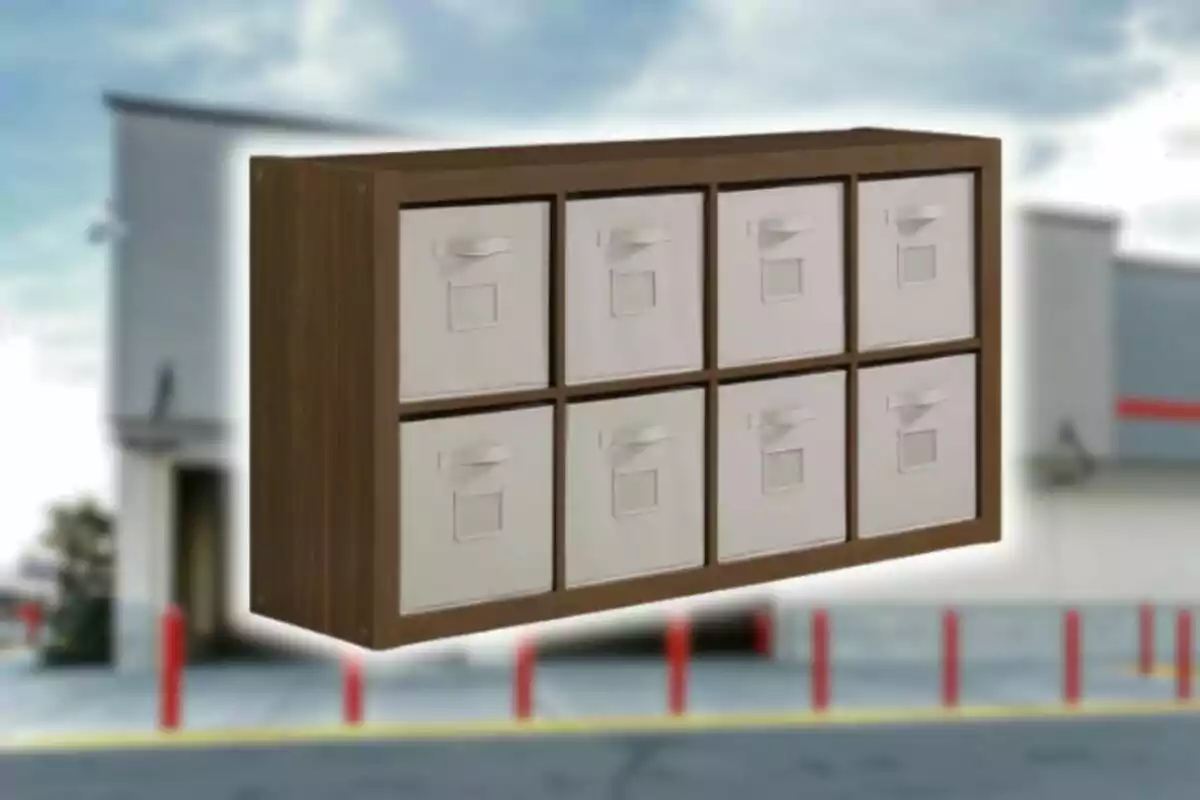 Wooden organizer with eight white fabric compartments from Costco against a blurred background of an exterior building.