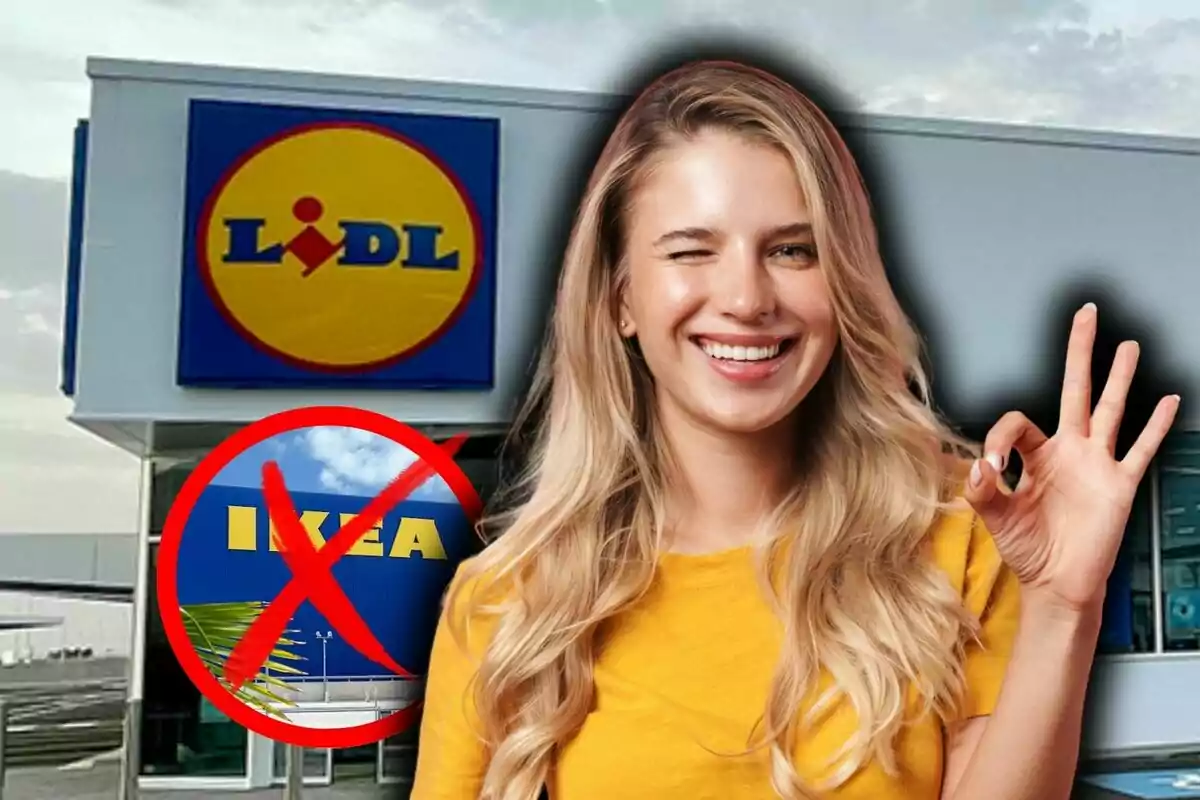 Smiling woman making an OK gesture in front of a Lidl store with a prohibited sign over the IKEA logo.