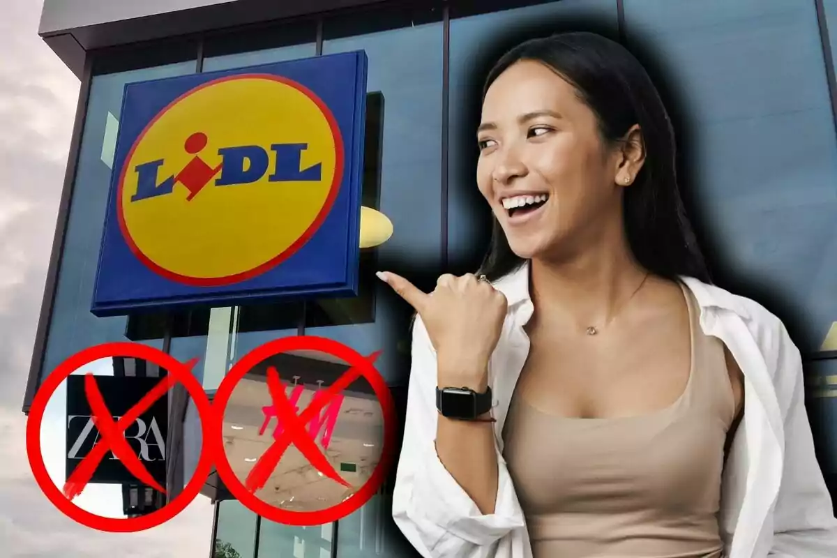 A smiling woman points at the Lidl logo while the Zara and H&M logos appear crossed out.